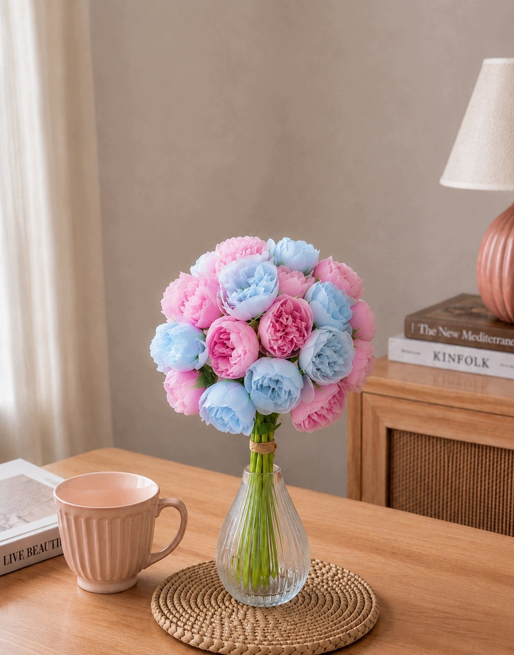 Bukiet Peonii Róż Błękit 32cm MIX Bukiet Kompozycja Kwiatowa Peonia Piwonia