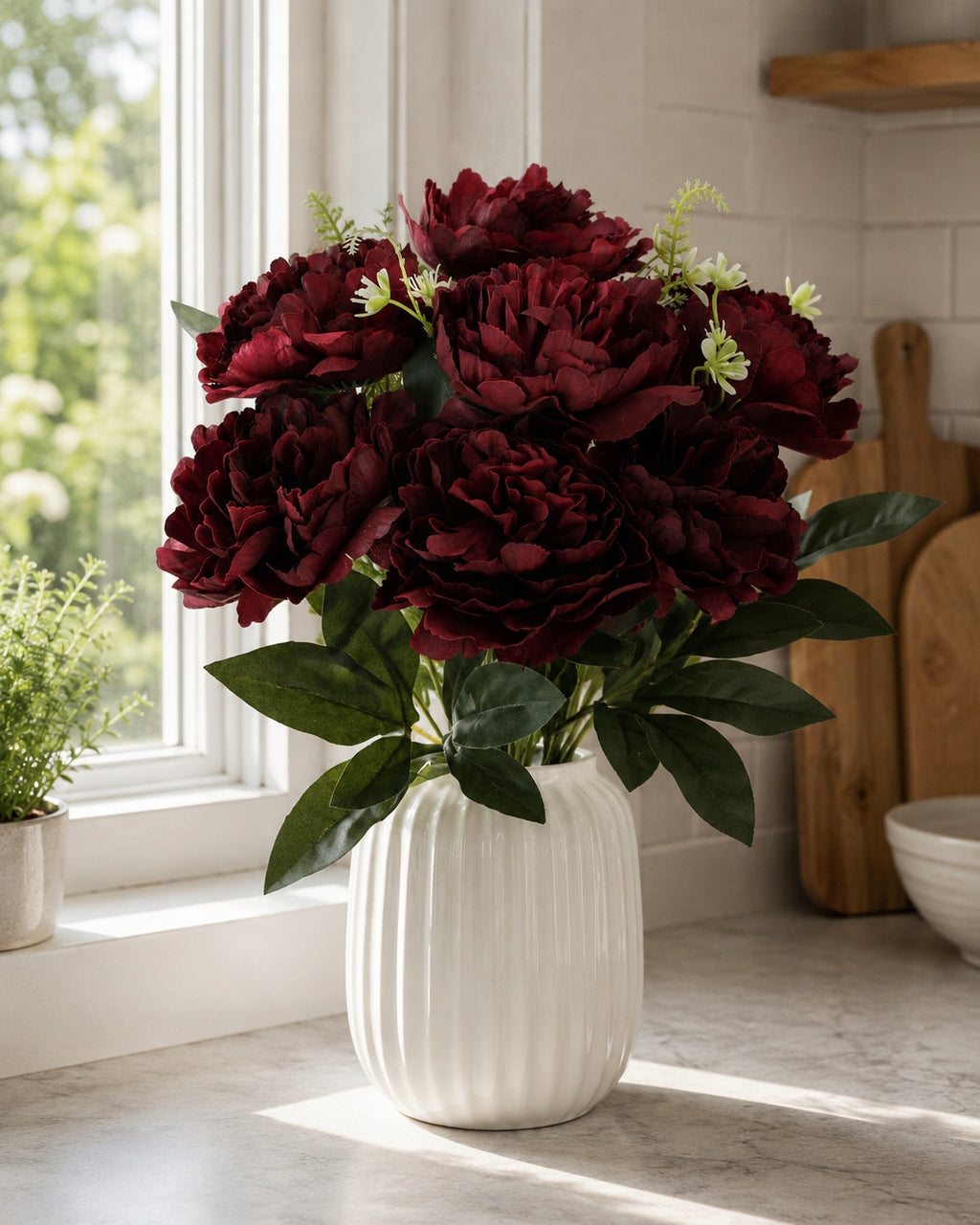 Bukiet Peonia Bordo 45 cm Dodatek Białe Kwiatki Do Stroika Wazonu Wiązanki