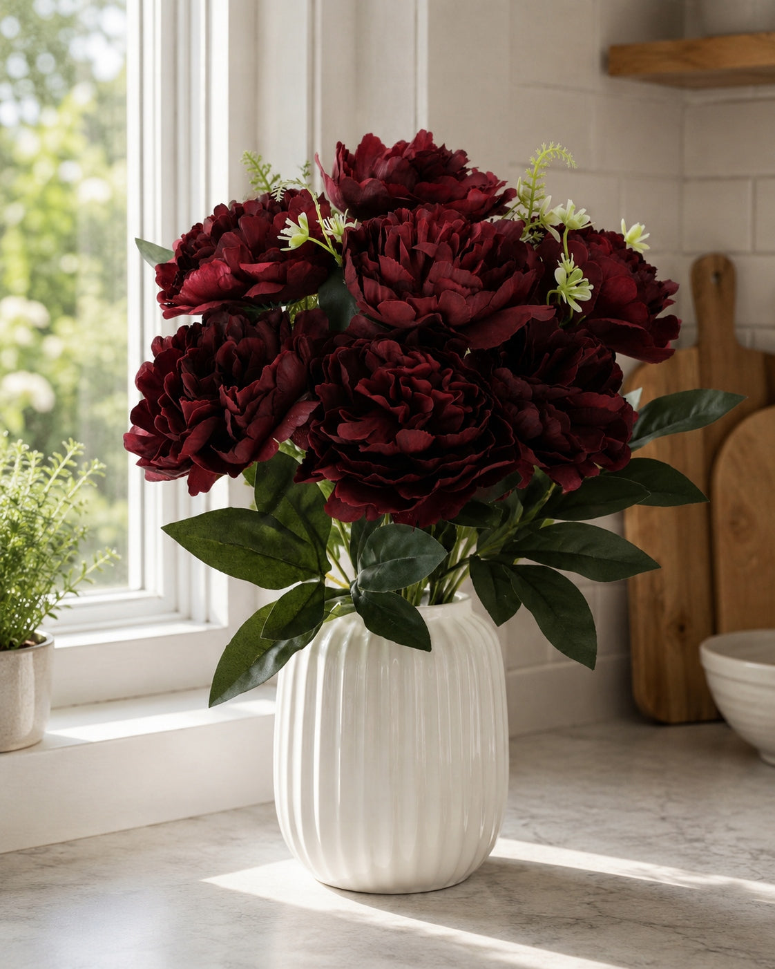 Bukiet Peonia Bordo 45 cm Dodatek Białe Kwiatki Do Stroika Wazonu Wiązanki