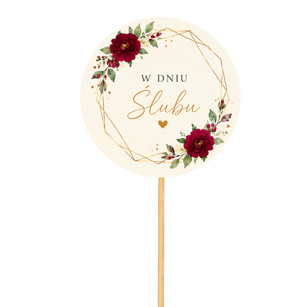 TOPPER Na Bukiet Pamiątka Prezent Ślub Ozdoby Bordowe KWIATY Flower box
