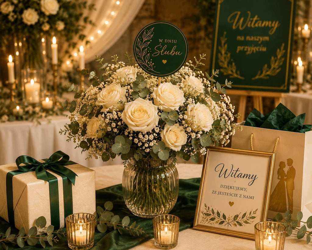 zielony TOPPER na tort Dekoracje ślubne Prezent dla pary młodej Bukiet