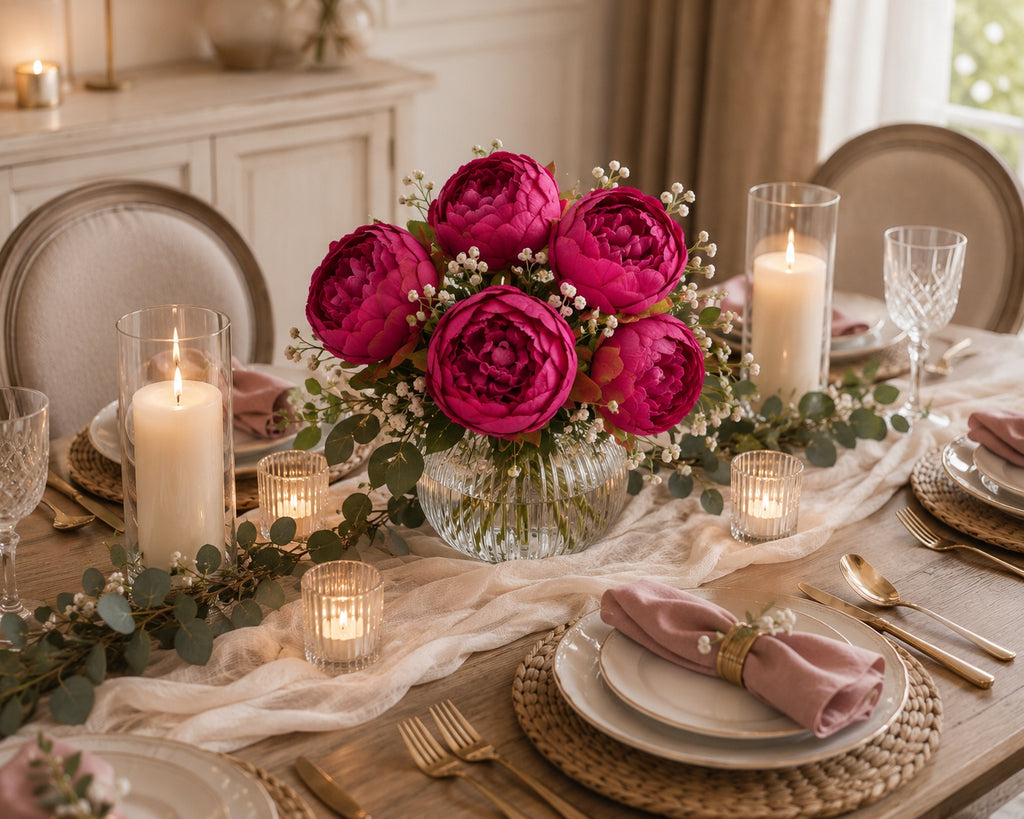 Bukiet Peonie Amarant z Gipsówką Kompozycja Dekoracje SZTUCZNE KWIATY