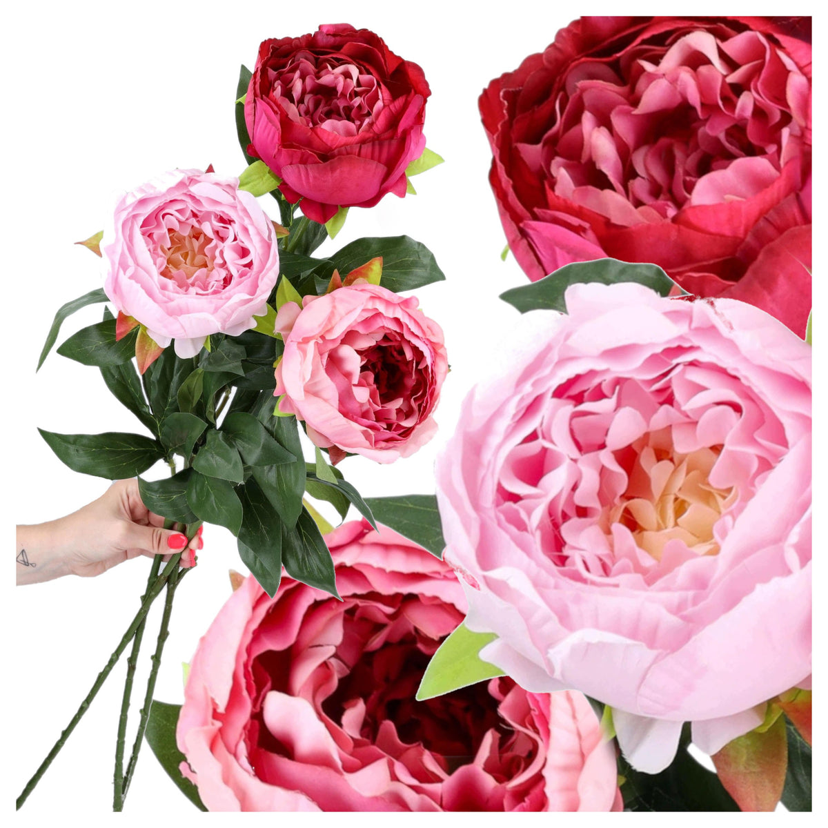 PIWONIE Peonie Kwiaty Sztuczne Jak Żywe Bukiet Zestaw 3szt Gałązki Stroik