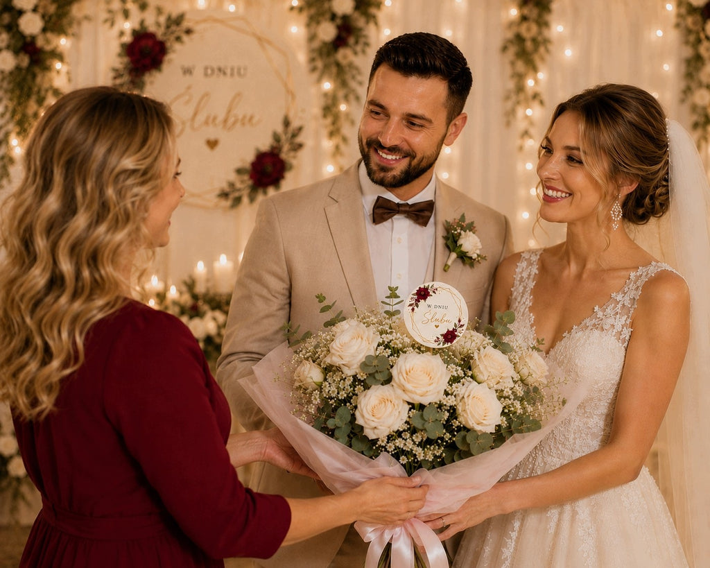 TOPPER Na Bukiet Pamiątka Prezent Ślub Ozdoby Bordowe KWIATY Flower box