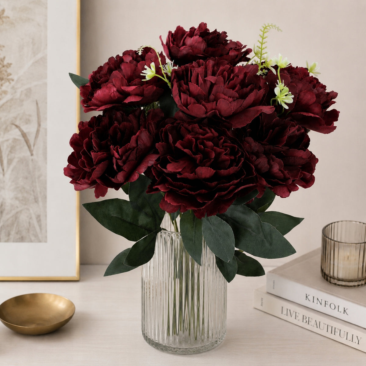 Bukiet Peonia Bordo 45 cm Dodatek Białe Kwiatki Do Stroika Wazonu Wiązanki