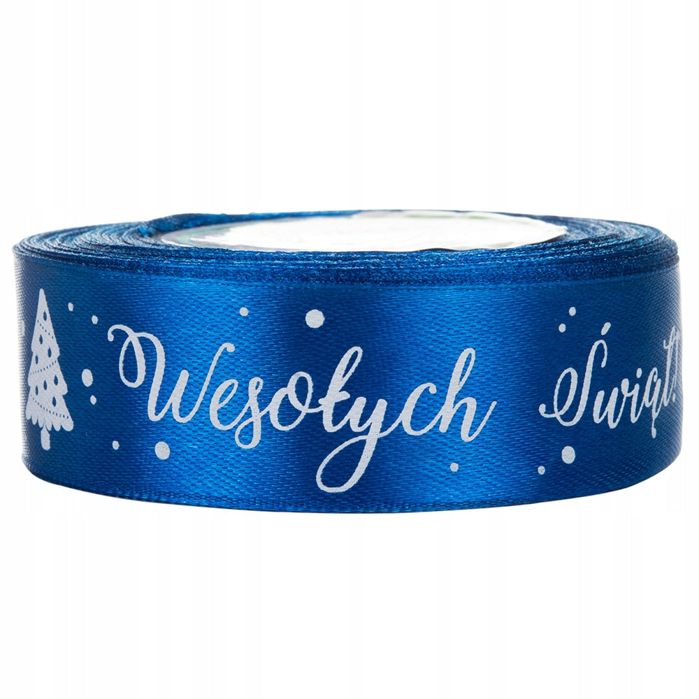 Wstążka Satynowa Świąteczna Tasiemka Ozdobna Napis Wesołych Świąt 2,5cm
