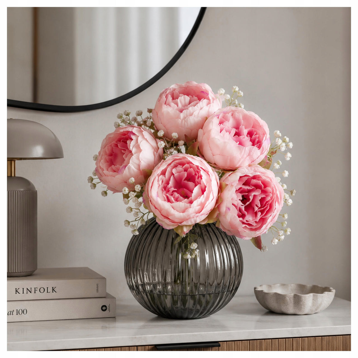 Bukiet Peonie RÓŻ BRZOSKWINIA z Gipsówką Kompozycja Na Stół Do Wazonu Ślub
