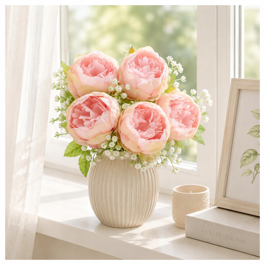 Bukiet Peonie Pudrowy Róż SZTUCZNE KWIATY Do Wazonu Na Ślub Komunie Piwonia