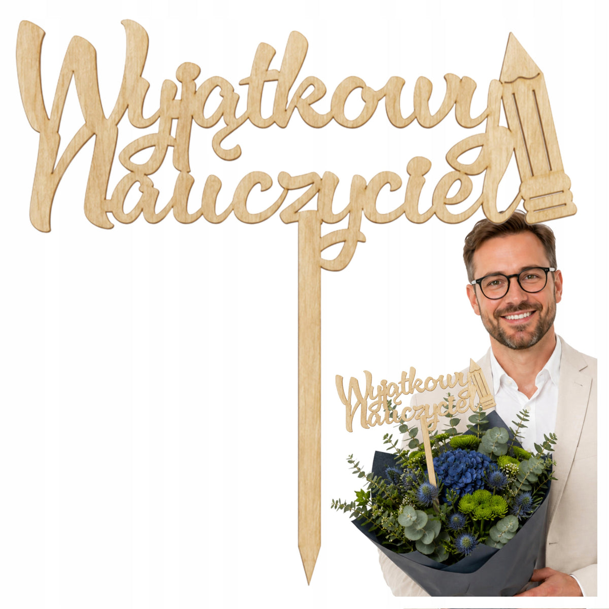Topper Drewno Koniec roku Prezent Dla Nauczyciela Szkoła Dekoracja Ozdoba