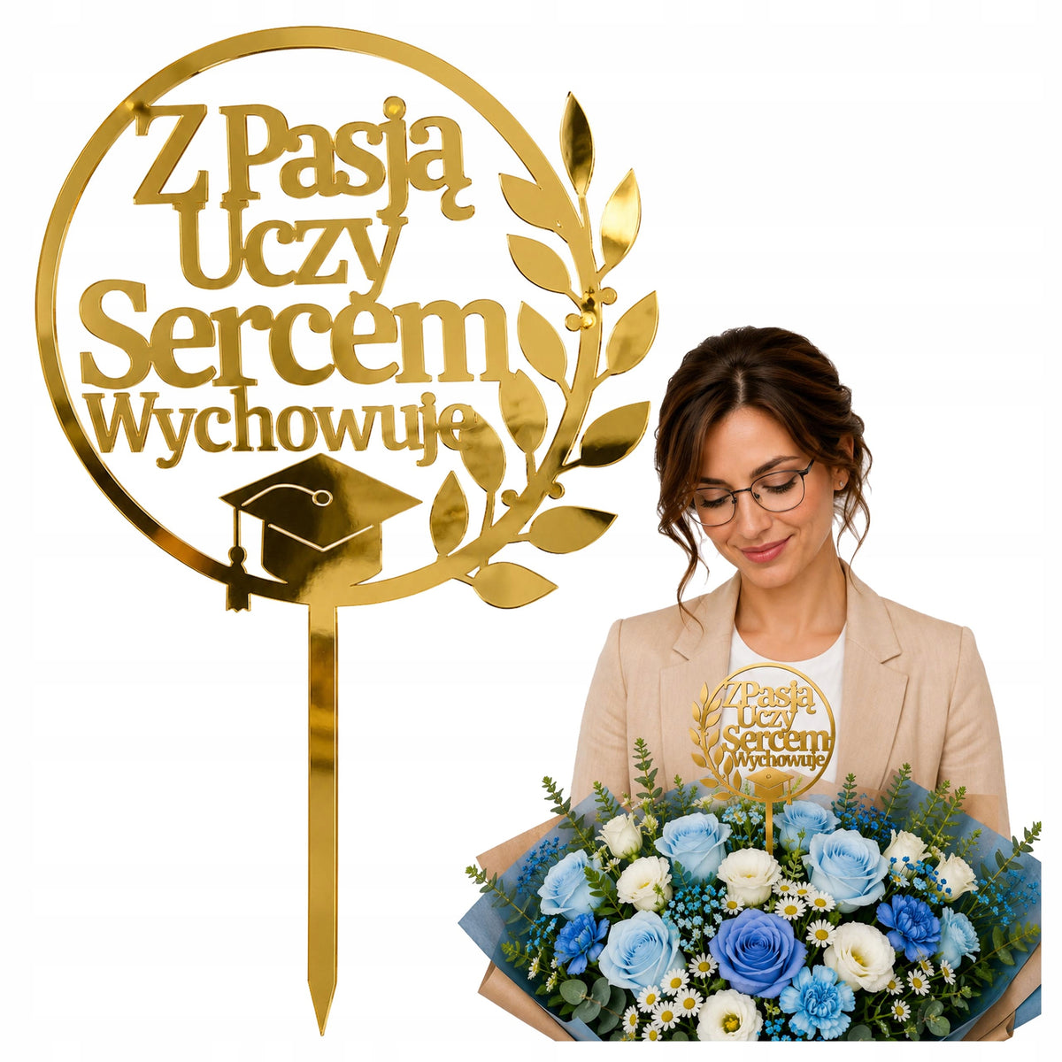 Topper Złoty Koniec roku Złota Ozdoba dla Nauczyciela Zakończenie Roku