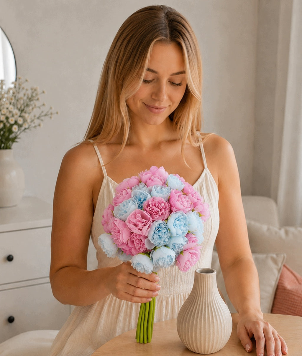 Bukiet Peonii Róż Błękit 32cm MIX Bukiet Kompozycja Kwiatowa Peonia Piwonia