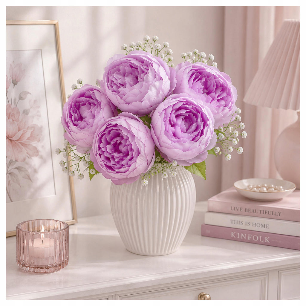 Bukiet Peonie Lawendowy SZTUCZNE KWIATY Do Wazonu Stroik Wesele Jak Żywe