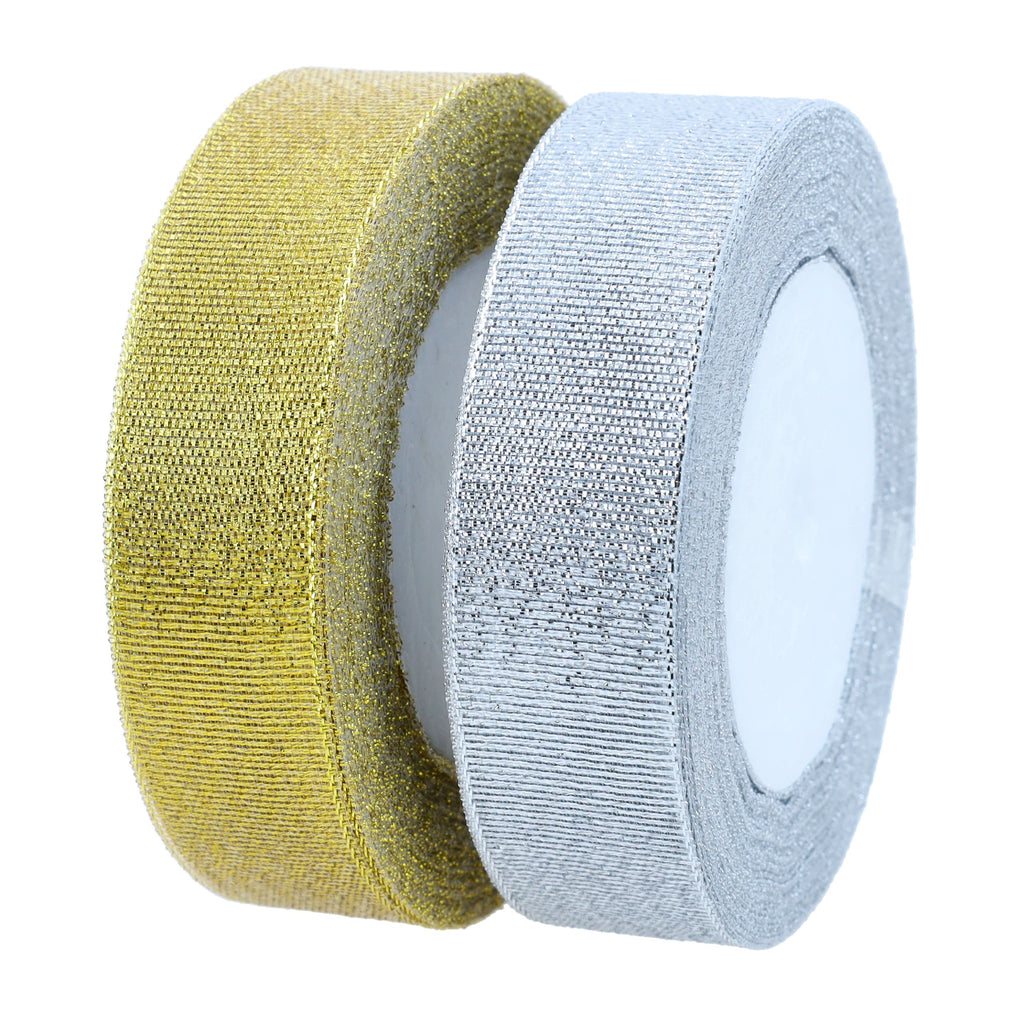 WSTĄŻKI BROKATOWE mix 2szt SREBRNA ZŁOTA 25mm PREZENTY KOKARDY tasiemki