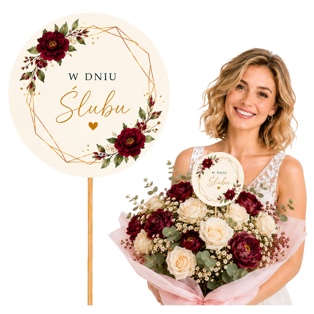 TOPPER Na Bukiet Pamiątka Prezent Ślub Ozdoby Bordowe KWIATY Flower box