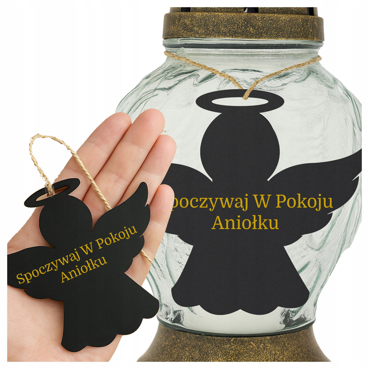 ANIOŁEK ZAWIESZKA NA ZNICZ na grób cmentarz WSZYSTKICH ŚWIĘTYCH złoty napis